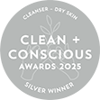 Silver award badge for 2025 Clean + Conscious Awards.