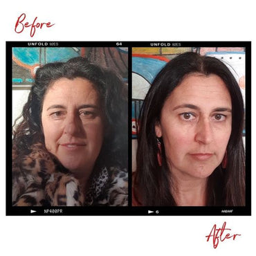 A woman's face before and after using Clémence Organics Lime Caviar Eye Crème. In the after image the quality of the skin around the woman's eyes is much improved.