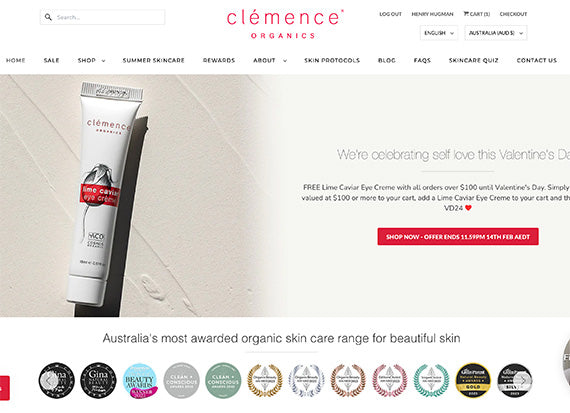 The Clémence Organics website home page.