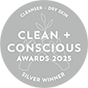 Silver award badge for 2025 Clean + Conscious Awards.