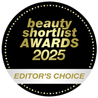 A circular black badge with gold text reading 'beauty shortlist AWARDS 2025' and a white banner at the bottom reading 'EDITOR'S CHOICE'.