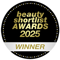 Badge for Beauty Shortlist Awards 2025 Winner with gold text on a black background.
