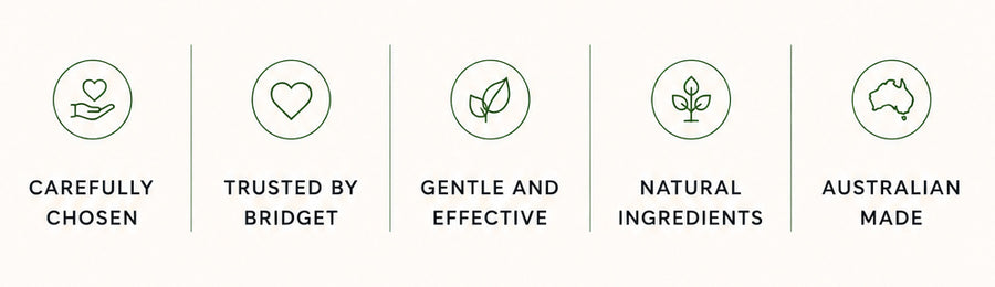 Five circular icons with text labels on a white background: 'Carefully Chosen', 'Trusted by Bridget', 'Gentle and Effective', 'Natural Ingredients', and 'Australian Made'.