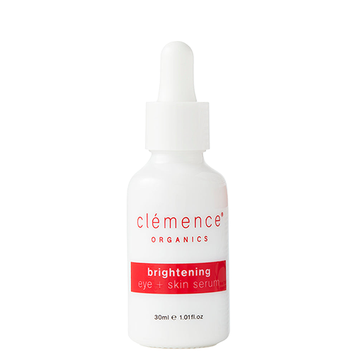 A white dropper bottle of Clémence Organics Brightening Eye + Skin Serum.