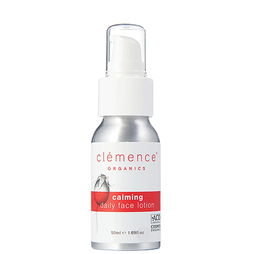 An aluminum pump bottle of Clémence Organics Calming Daily Face Lotion.