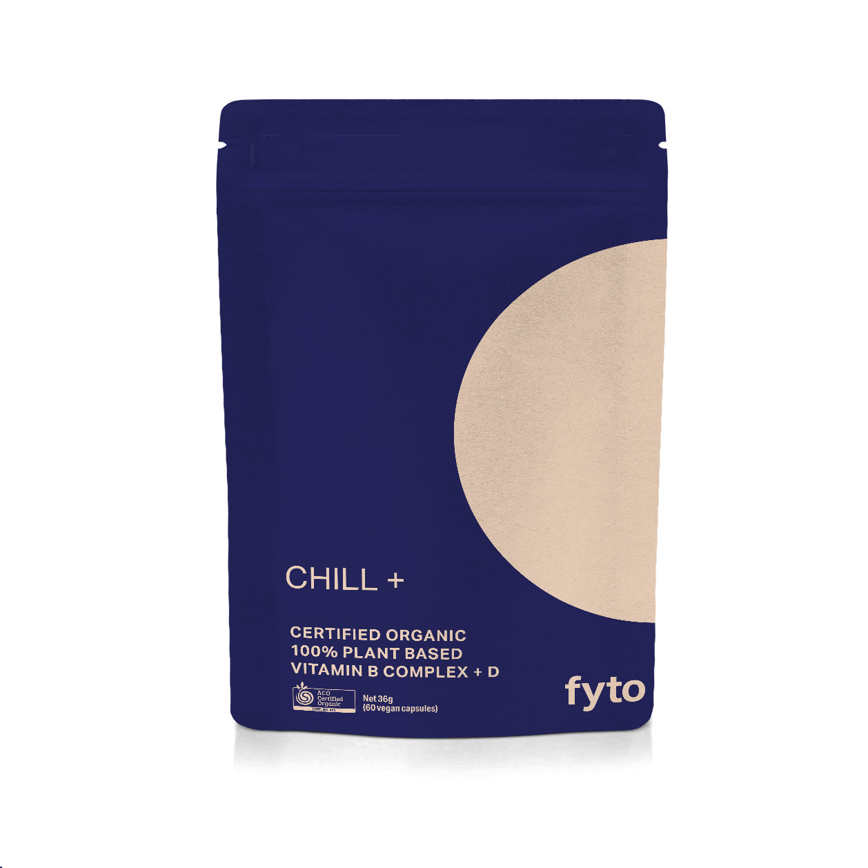 A dark blue stand-up pouch of fyto CHILL+ Certified Organic 100% Plant Based Vitamin B Complex + D, featuring a large beige circle graphic on the right side, set against a plain white background.