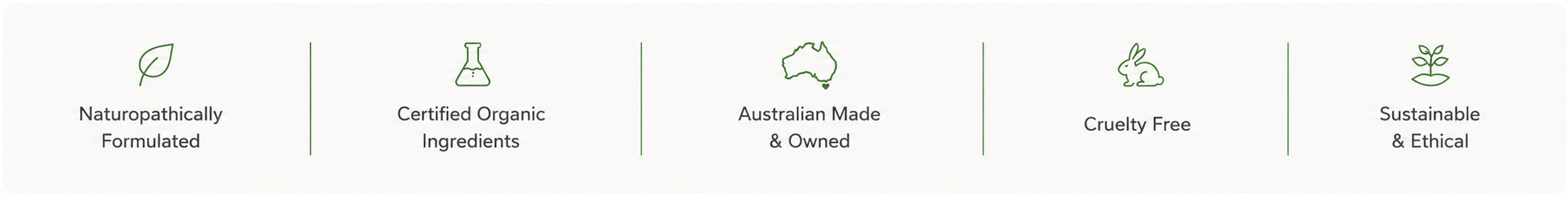 Clémence Organics values: naturopathically formulated, certified organic ingredients, Australian made and owned, cruelty free, sustainable and ethical.