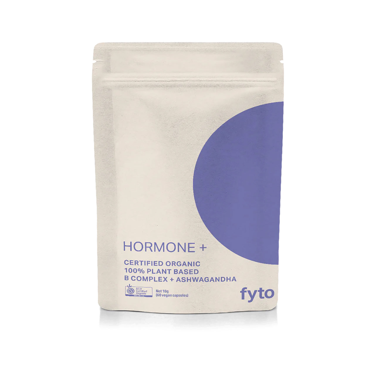 A stand-up pouch of Fyto Hormone + Certified Organic B Complex + Ashwagandha powder. The packaging is off-white with a large purple circular graphic on the right side and purple text.