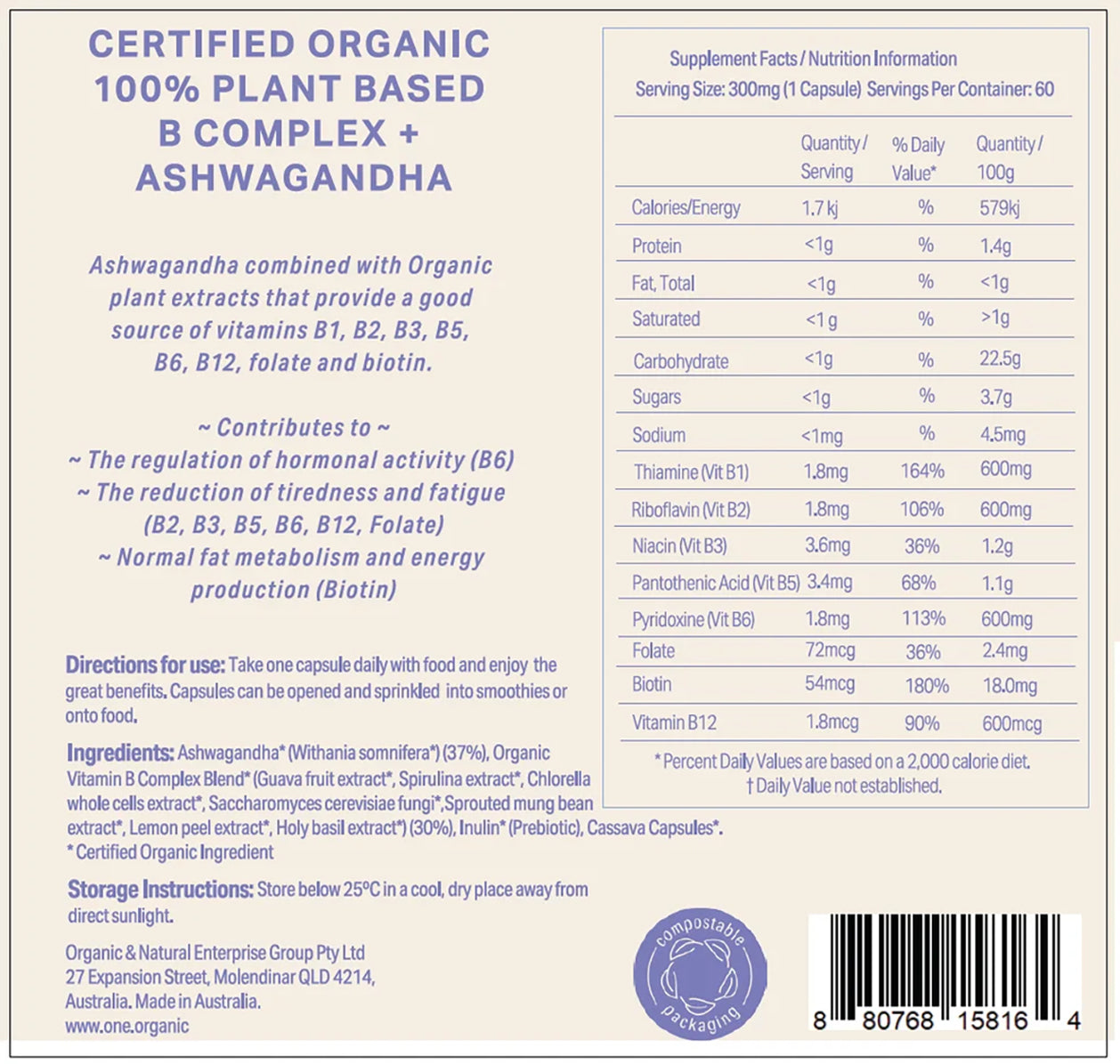 A stand-up pouch of Fyto Hormone + Certified Organic B Complex + Ashwagandha powder. The packaging is off-white with a large purple circular graphic on the right side and purple text.