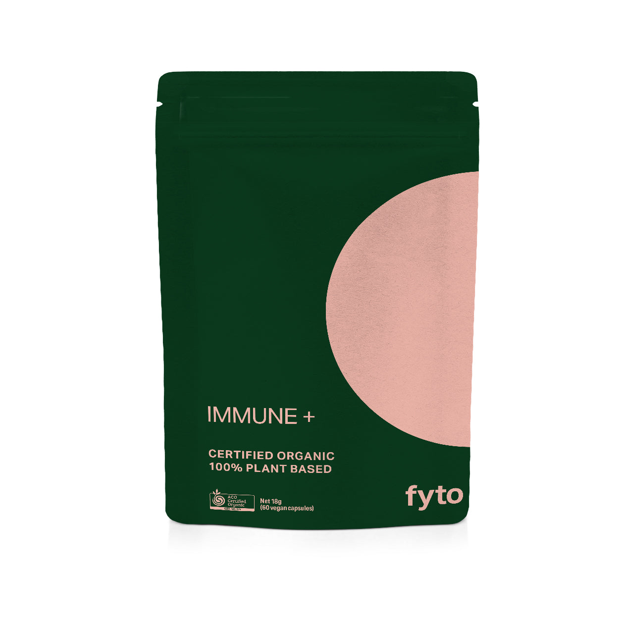 A dark blue stand-up pouch of fyto CHILL+ Certified Organic 100% Plant Based Vitamin B Complex + D, featuring a large beige circle graphic on the right side, set against a plain white background.