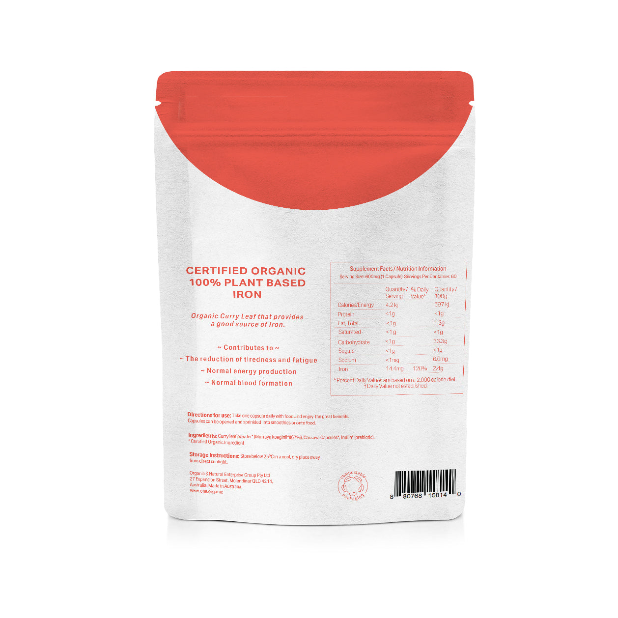 A white stand-up pouch of FYTO Iron supplement with a large red circle on the right side and red text reading 'Fe' and 'CERTIFIED ORGANIC 100% PLANT BASED IRON'.