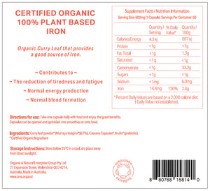 Supplement label with organic iron information and certification details.