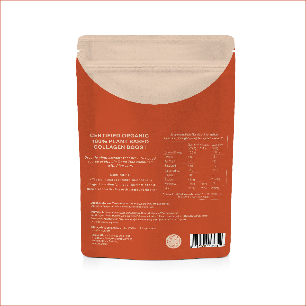 A stand-up pouch of fyto Skin + Hair Collagen Boost powder, featuring a terracotta orange design with a large beige circle on the right side and white text.