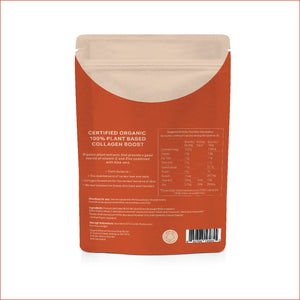 The back of a stand-up pouch package for a plant-based collagen boost supplement, shown on a plain white background. The pouch is terracotta orange with a beige resealable top and printed text including a nutrition facts panel.