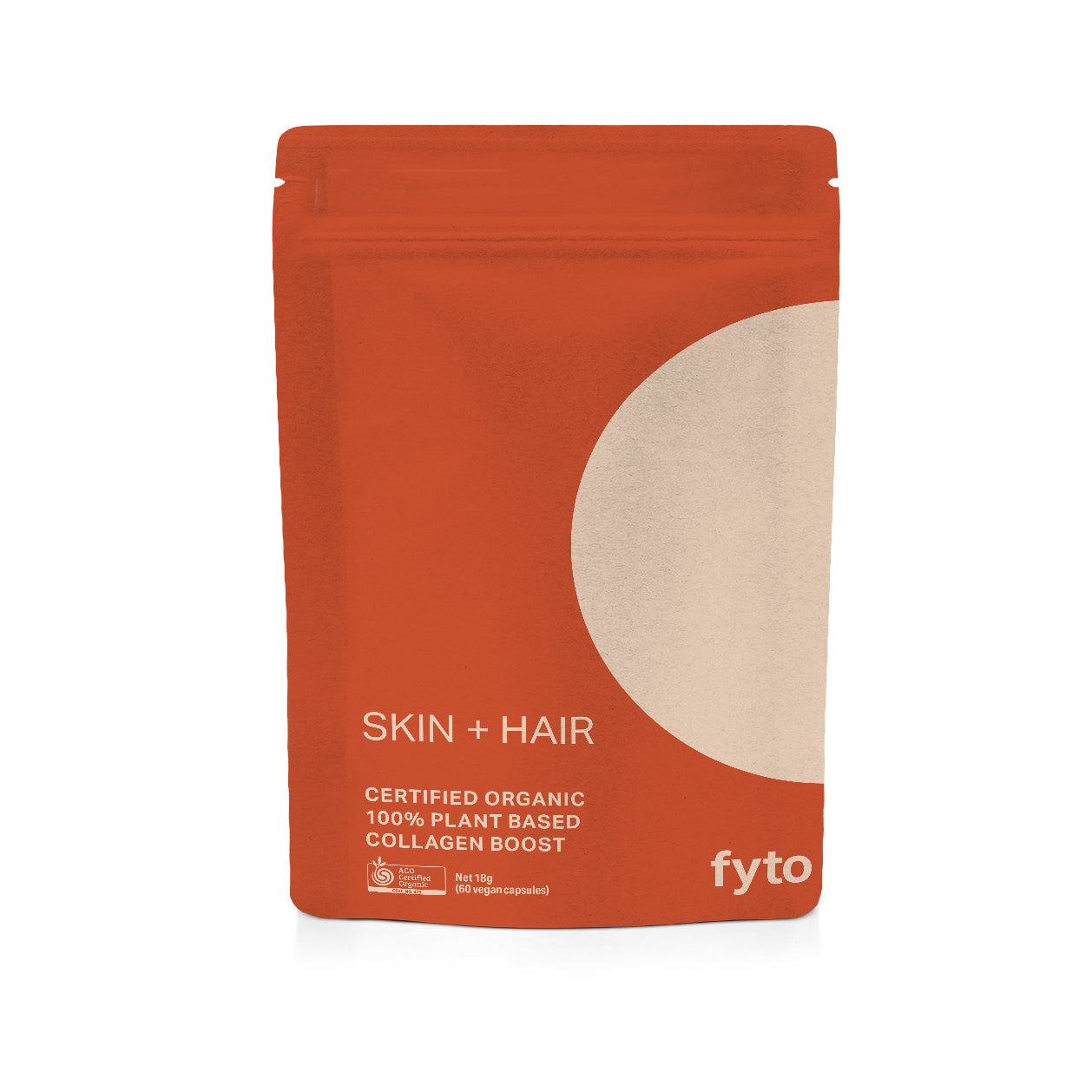 A stand-up pouch of fyto Skin + Hair Collagen Boost powder, featuring a terracotta orange design with a large beige circle on the right side and white text.