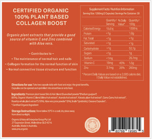 Certified organic plant-based collagen boost supplement label with nutritional information and ingredients.