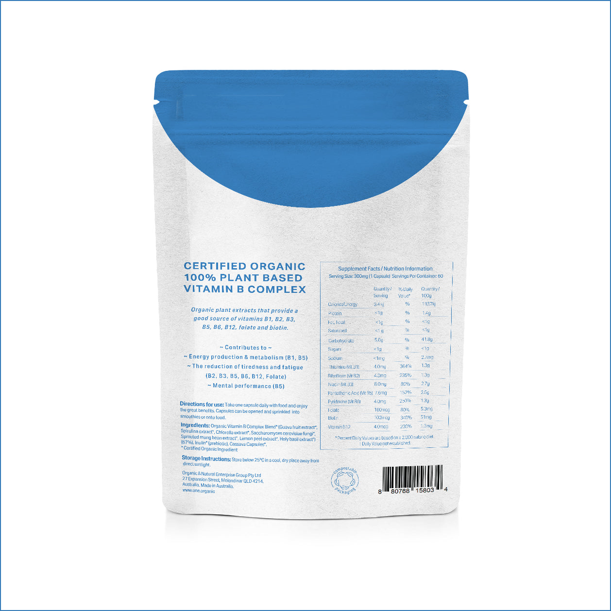 A white stand-up pouch of FYTO Vitamin B Complex powder with a large blue circle and blue text on the front, set against a plain white background.