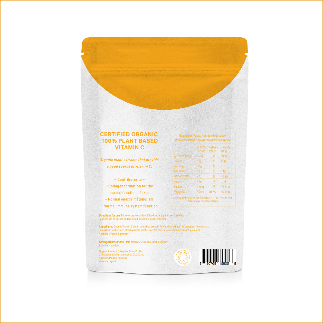 A white stand-up pouch of FYTO Certified Organic Vitamin C capsules, featuring a large yellow-orange graphic circle on the right side and product details on the left.