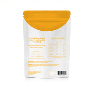 The back of a stand-up pouch of Certified Organic 100% Plant Based Vitamin C, featuring a white body with yellow text and a bright yellow curved top section, on a white background with a thin gold border.