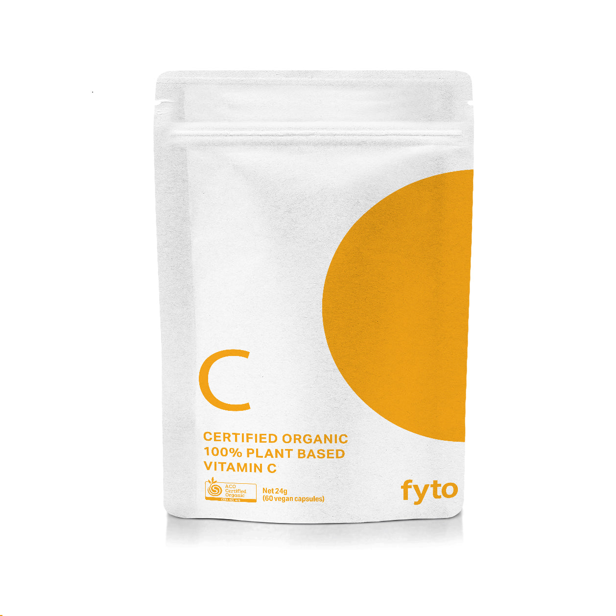 A white stand-up pouch of FYTO Certified Organic Vitamin C capsules, featuring a large yellow-orange graphic circle on the right side and product details on the left.