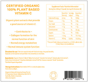 Back label of a Certified Organic 100% Plant Based Vitamin C supplement capsule, showing product claims, supplement facts, directions, ingredients, storage instructions, and a barcode on a white background.