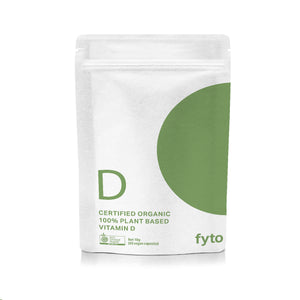 A stand-up pouch of FYTO Vitamin D supplement, featuring a white background with a large green circle and green text on the front.