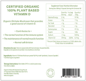 The back of a package of Organic & Natural Enterprise Group Pty Ltd Certified Organic 100% Plant Based Mushroom Vitamin D capsules, showing supplement facts, directions, ingredients, and a barcode.