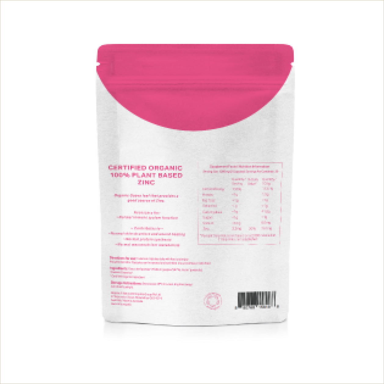 A white stand-up pouch of FYTO Zinc dietary supplement, featuring a large pink circle on the right side and pink text reading 'Zn' and 'Certified Organic 100% Plant Based Zinc'.