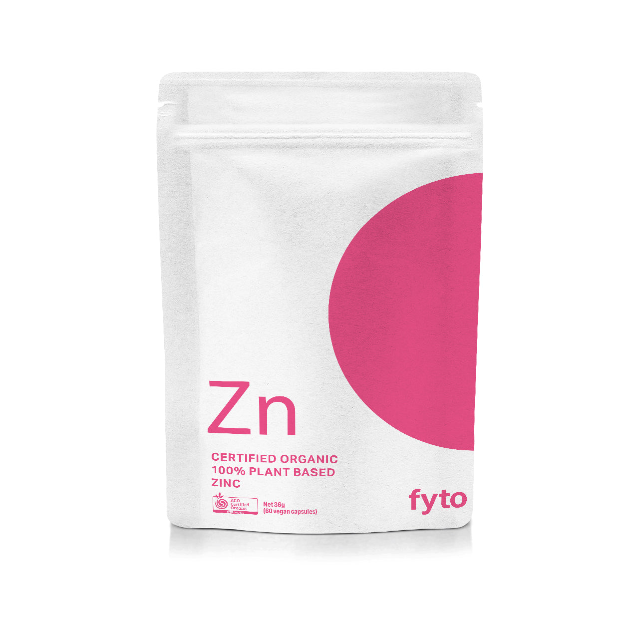 A white stand-up pouch of FYTO Zinc dietary supplement, featuring a large pink circle on the right side and pink text reading 'Zn' and 'Certified Organic 100% Plant Based Zinc'.
