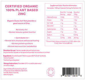 Detail of a Certified Organic 100% Plant Based Zinc supplement package. The left side displays the product name in pink text along with usage directions, ingredients, and storage instructions.