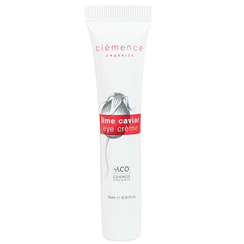 A white squeeze tube of Clémence Organics 'Lime Caviar Eye Crème' with a red label band and a floral graphic.
