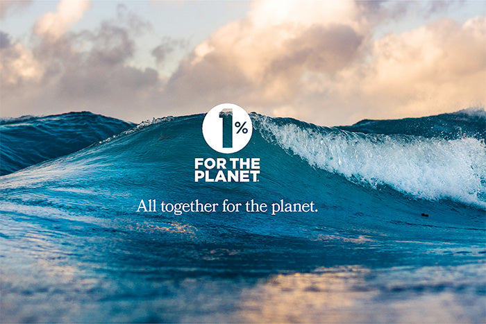 The following text overlaying an image of an ocean wave '1% for the Planet. All together for the planet'.