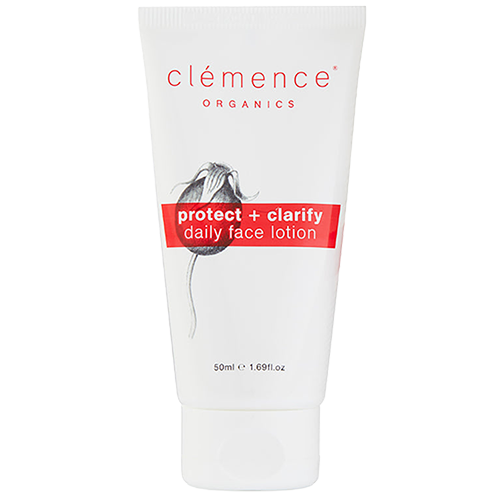 A white tube of Clémence Organics Protect + Clarify Daily Face Lotion, featuring a red banner and a floral graphic.