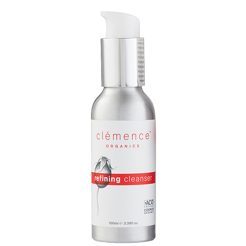 A 100ml bottle of Clémence Organics Refining Cleanser with a pump dispenser and white label.