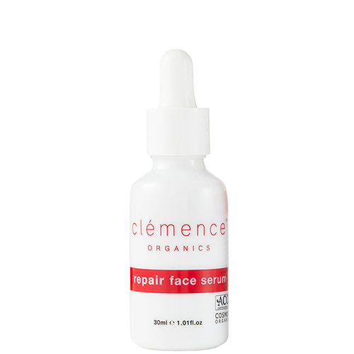 A 30ml dropper bottle of Clémence Organics Repair Face Serum, featuring a white bottle and cap with a red label band.