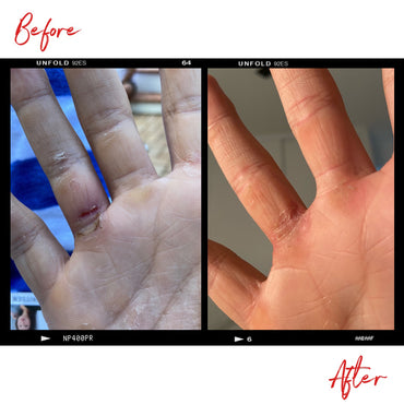 Images of a man's hands before and after using Clemence Organics skin care products.
