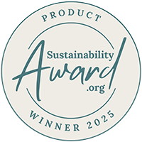 A circular Sustainability Award 2025 badge with the words 'Product Winner 2025' in dark teal on an off-white background.