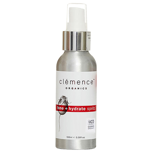An aluminum spray bottle of Clémence Organics Tone + Hydrate Spritz.