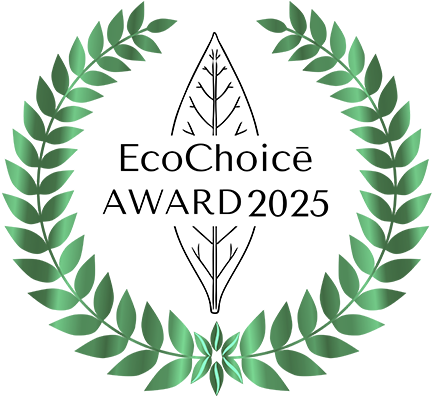 Eco Choice Award 2025 badge featuring a green laurel wreath and a central leaf icon on a white background.