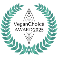 VeganChoice Award 2025 badge featuring a teal laurel wreath surrounding the text 'VeganChoice AWARD 2025' on a white background.